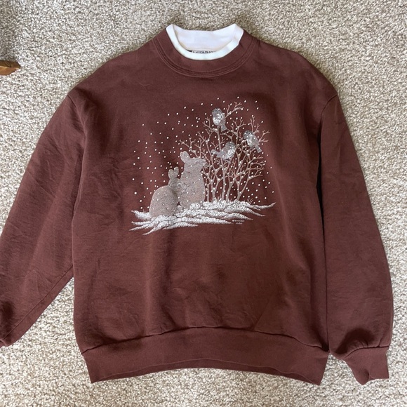 morning sun Tops - Brown Bunny Snowy Scenery Christmas Crewneck